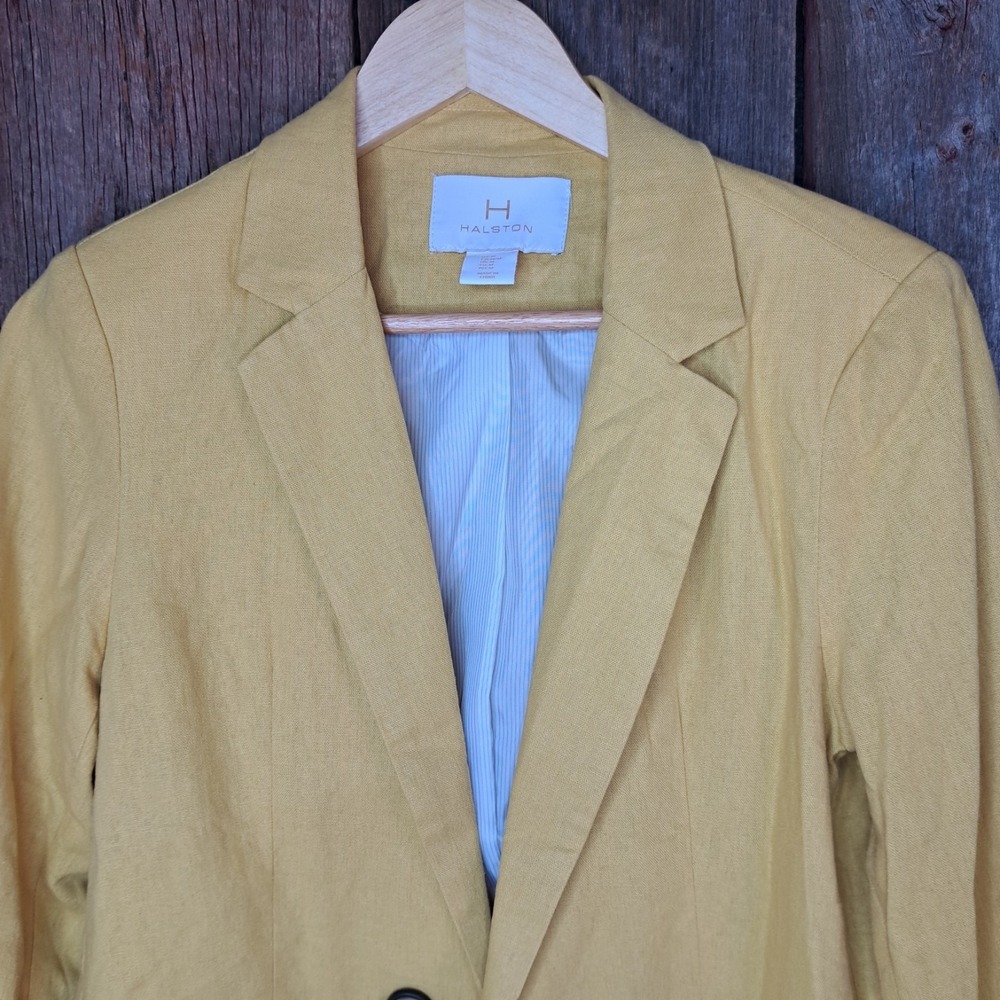 Light Academia Nordic Style H Halston Womens M Linen-Blend Mustard Blazer Jacket